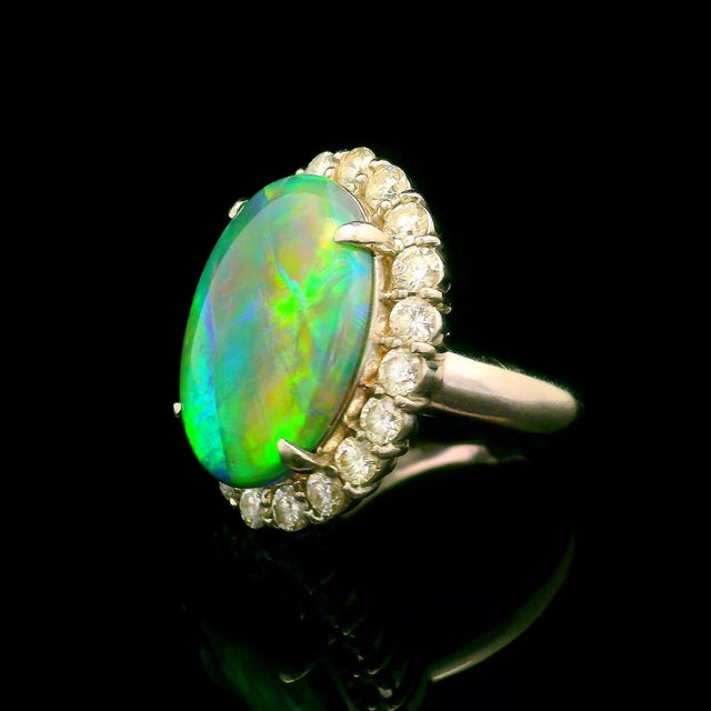 8.38 Carat Australian Black Opal Diamond Platinum Halo Ring, Size 6 For Sale - Image 4 of 5