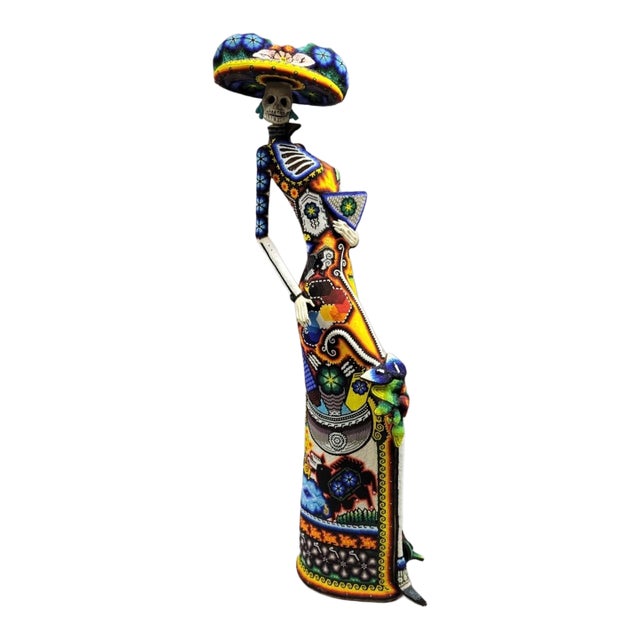 Monumental Huichol Beaded La Catrina, Day of the Dead, Sculpture, Mexico, 36” For Sale