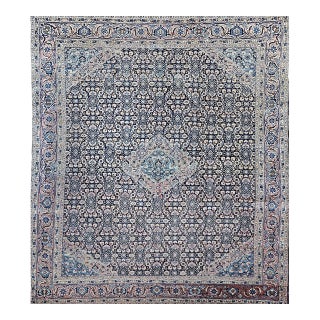 Antique Persian Tabriz Mahi Rug, Hand-Knotted Wool, Herati Geometric Pattern, Navy & Pale Red, 9x12 For Sale