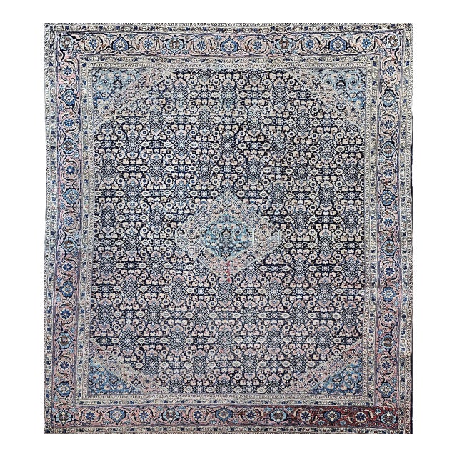 Antique Persian Tabriz Mahi Rug, Hand-Knotted Wool, Herati Geometric Pattern, Navy & Pale Red, 9x12 For Sale