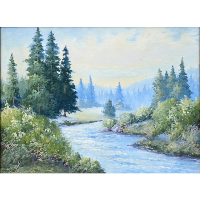 Gorgeous mid century Pacific Northwest oil landscape of McKenzie River, Oregon by La Selva Beach, California artist...