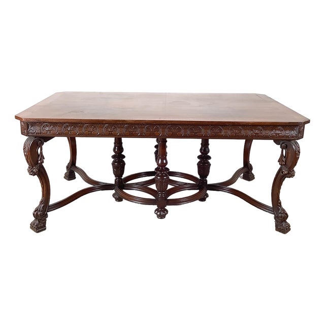 Renaissance Revival 72” Carved Wood Dining Table With Scroll Legs For Sale