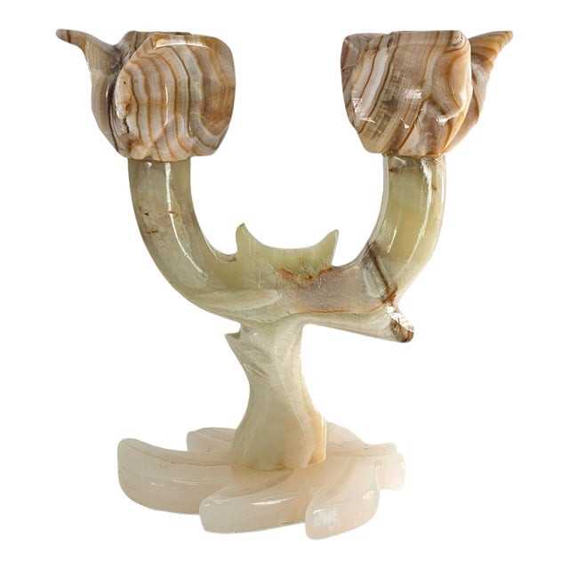 Carved Natural Onyx Candle Stick Candle Holder 9.5" For Sale