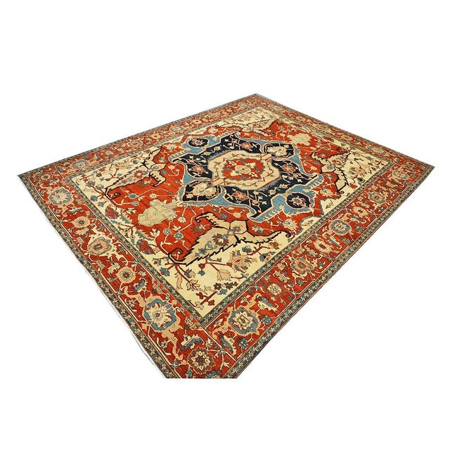 Persian Serapi 8x11 Rust, Ivory, & Blue Recreation Handmade Area Rug #1141242 For Sale In Houston - Image 6 of 12