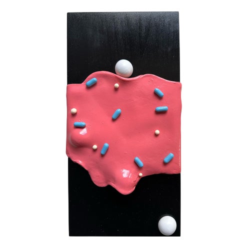 Vera Vizzi, Pink Modular Domino Wall Sculpture with Blue Sprinkles, 2026, Foam Clay on Black Wood For Sale