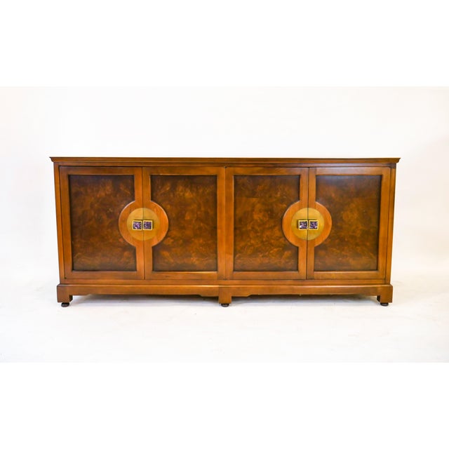 Magnificent John Widdicomb Burled Sideboard or Credenza Chinoiserie-styled cabinet doors with brass escutcheons and...