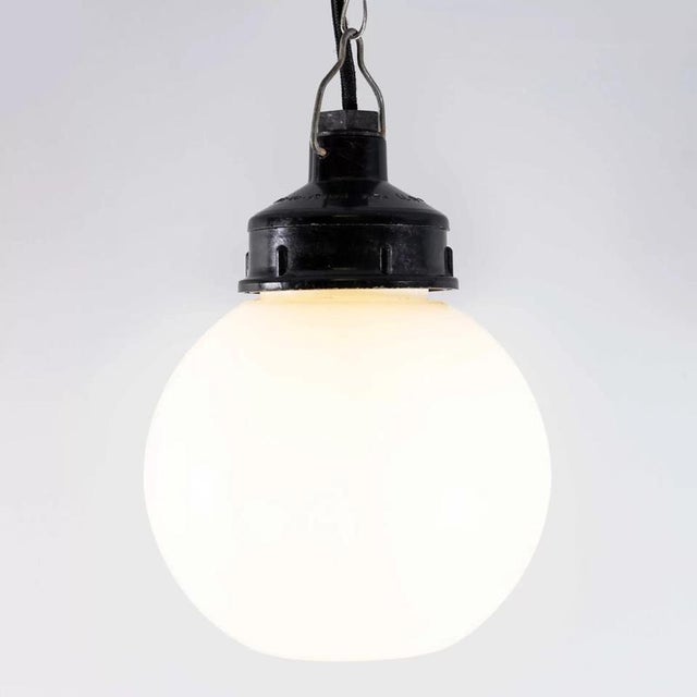 Industrial Small Industrial Opaline Globe Pendant Lamp, 1940s For Sale - Image 3 of 17