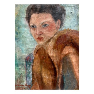 French School, Portrait of a Woman with a Fur Coat, 1931, Oil on Canvas For Sale