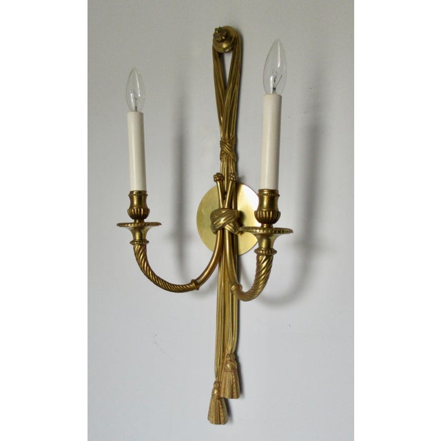 Bronze Vintage French 19th. Century Louis XVI Style Bronze Twin-Arm, Rope & Tassel Ormolu Wall Lighted Sconces -Pair For Sale - Image 8 of 17