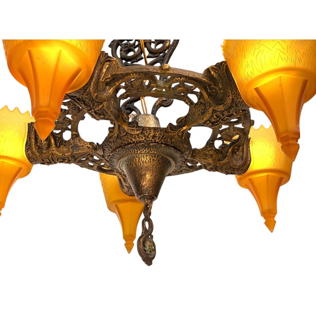 1930s 5 Light Spanish Revival With Amber Orange Glass Shades With Original Finish For Sale In Los Angeles - Image 6 of 11