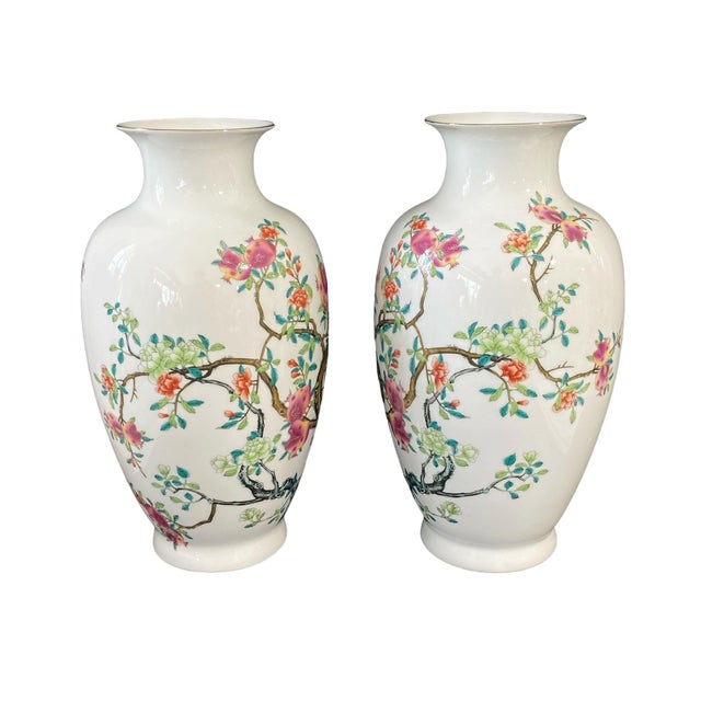 Chinoiserie Pair of Porcelain Egg Shell Vases 14" H For Sale - Image 4 of 7