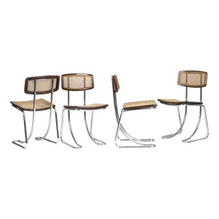 Vintage Cantilever Chairs in Chrome, Wood and Vienna Straw, 1970s, Set of 4 For Sale