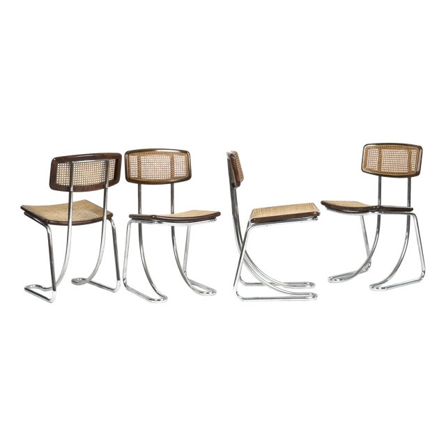Vintage Cantilever Chairs in Chrome, Wood and Vienna Straw, 1970s, Set of 4 For Sale