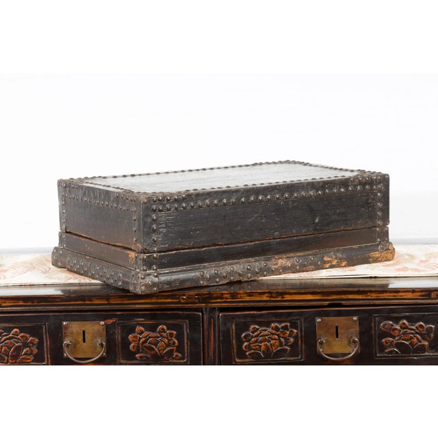 Indian 19th Century Black Box with Iron Nailheads, Braces and Rustic Patina For Sale - Image 12 of 13