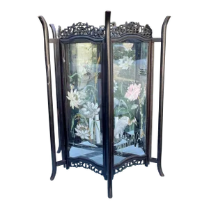 Art Deco Japanese Pagoda Painted Glass & Ebonized Wood Lantern Chandelier