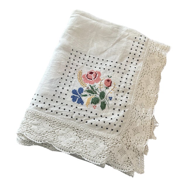 French Linen Floral Hand Embroidered For Sale