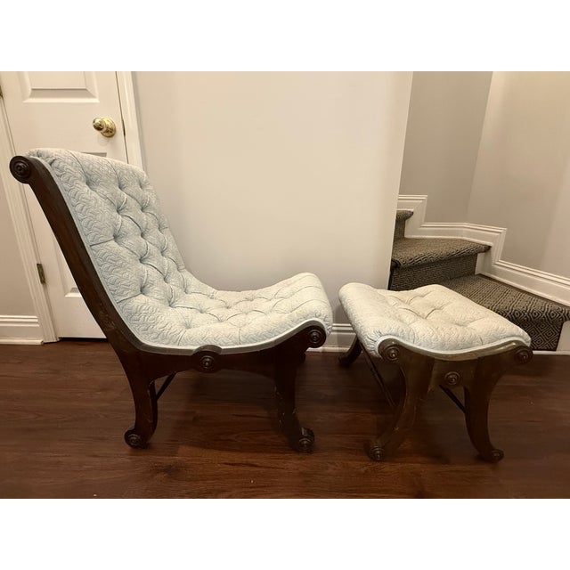 Pair of Mid-Century Japanese Obi/Slipper Chairs & Ottomans – Showa Era For Sale - Image 4 of 11