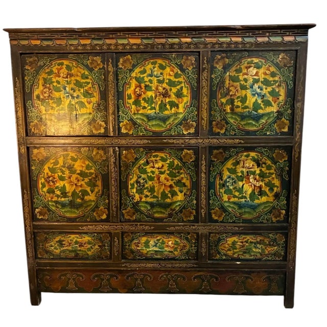 Asian Antique Tibetan Hand Painted Cabinet For Sale - Image 3 of 9