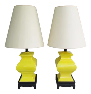 Mid-Century Modern Chapman Yellow Chinoiserie Table Lamps With Original Shades - a Pair