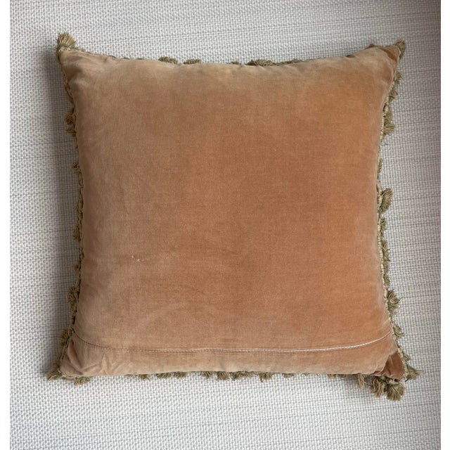 This beautiful pillow was newly constructed from an antique Aubusson textile with a camel velvet back and ecru bell fringe...