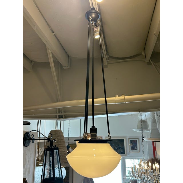 Traditional Late 20th Century Oil-Rubbed Bronze Hood Pendant With Opal Glass Shade For Sale - Image 3 of 9