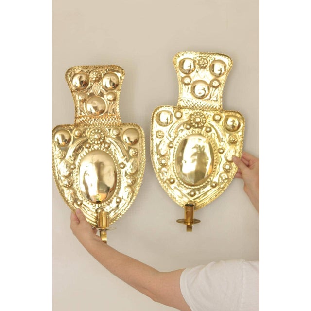 Mid-Century Modern Large Mid-Century Baroque Swedish Brass Sconces, Set of 2 For Sale - Image 3 of 16