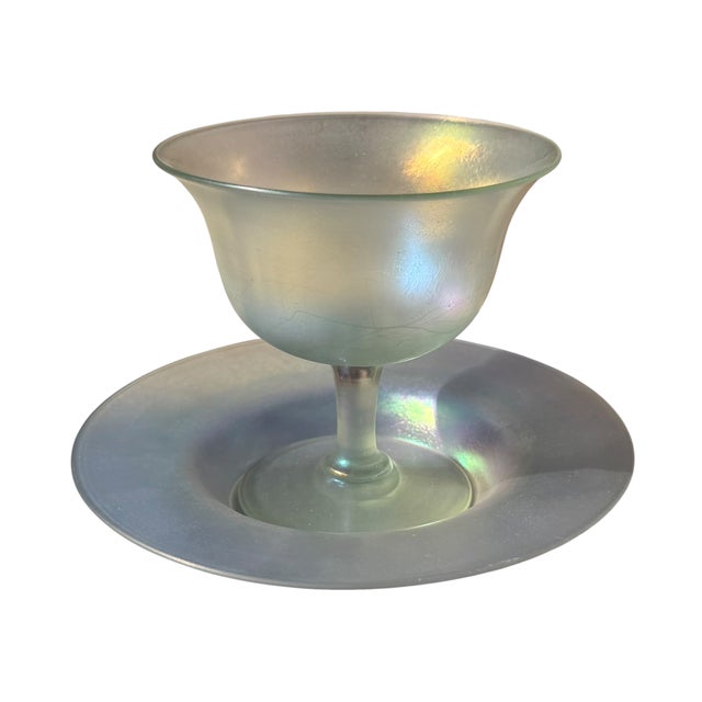 Art Deco Carder Steuben Verre De Soi Iridescent Art Glass Footed Bowl & Underplate For Sale - Image 3 of 3