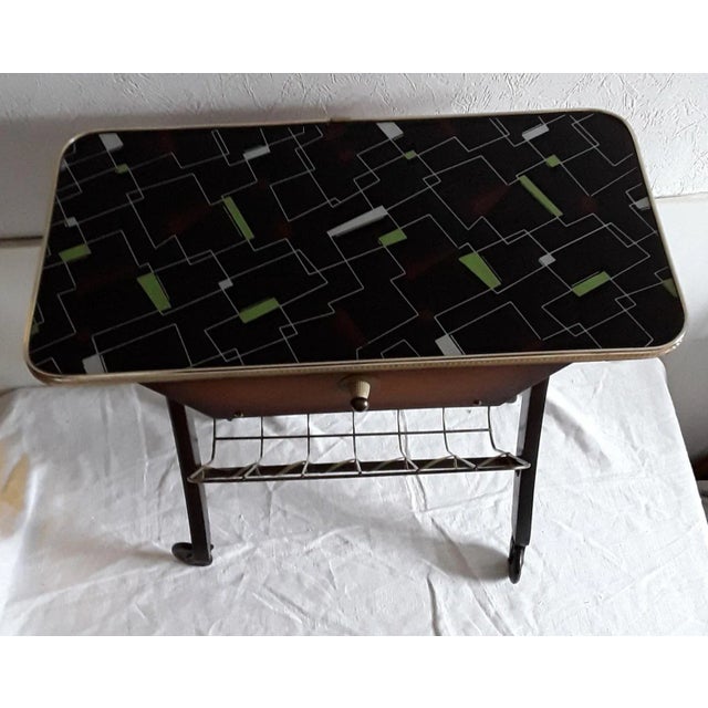 Vintage Coffee Table on Wheels with Magazine Rack and Brown Beech Drawer with Brass Parts, 1960s For Sale - Image 3 of 8