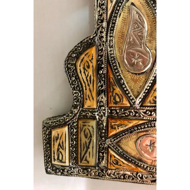 Vintage Moroccan Moorish Handmade Arched Vanity or Wall Mirror With Brass Inlay For Sale - Image 9 of 12