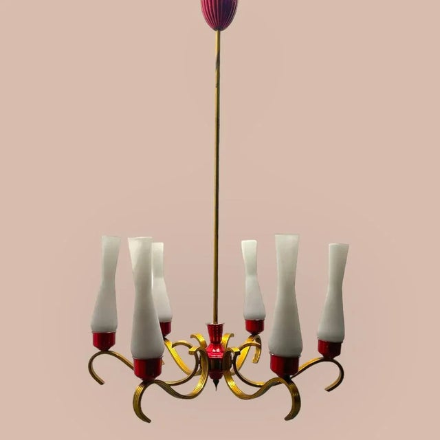 Vintage Red Brass Opaline Glass Chandelier, 1950s For Sale - Image 10 of 11