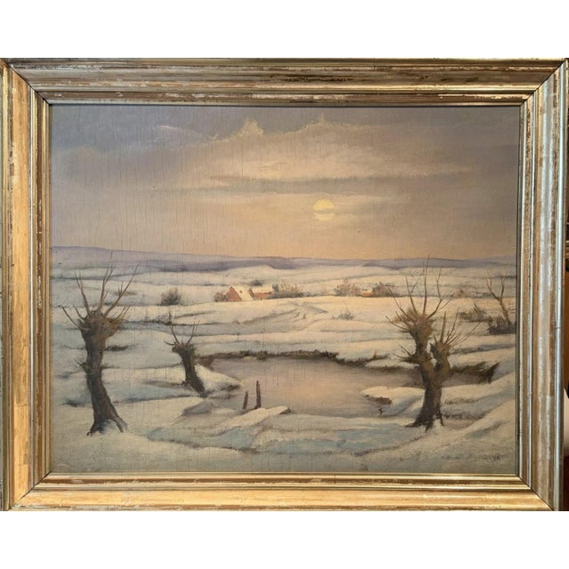 Karl Mons, Schwalm, Winter Landscape with Pollarded Willows, Snow, Ice and Evening Sun, Oil Painting on Canvas For Sale - Image 6 of 13