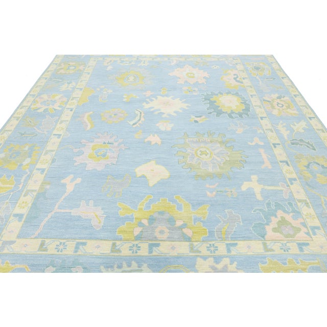 Modern Oushak Style Hand-Knotted Wool Area Rug - Powder Blue & Citron Floral For Sale - Image 4 of 10