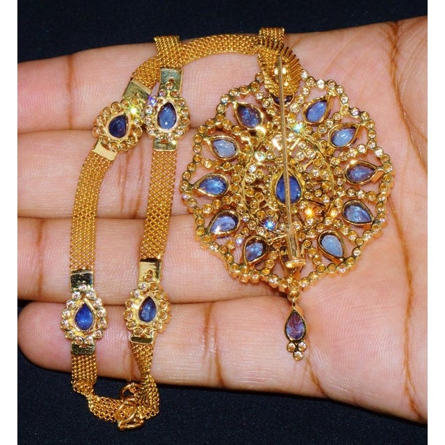 Blue Certified Natural 19.3CTS VVS F Diamond Sapphire 18K Solid Gold Pendant Brooch Necklace For Sale - Image 8 of 9