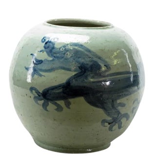 Chinese Round Blue & White Porcelain Dragon Vase For Sale