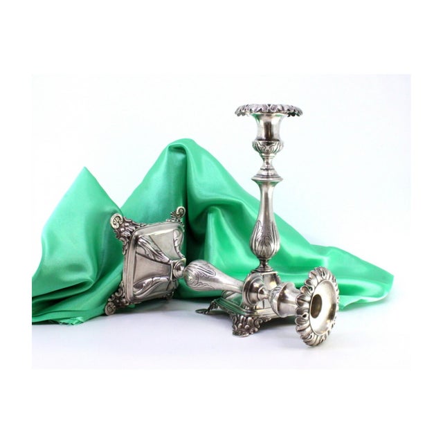 Silver Candlesticks with with Acanthus Leaves Embossed Shaft and Flattened Feet with Reliefs, Set of 2 For Sale - Image 5 of 10