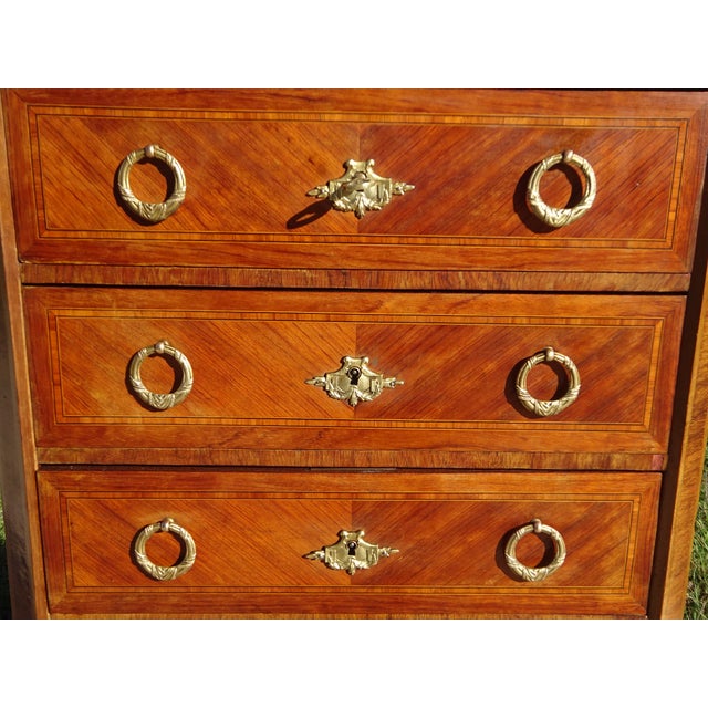 Louis XVI Marquetry Chest of Drawers in Wood with Bronze and Marble For Sale - Image 5 of 18