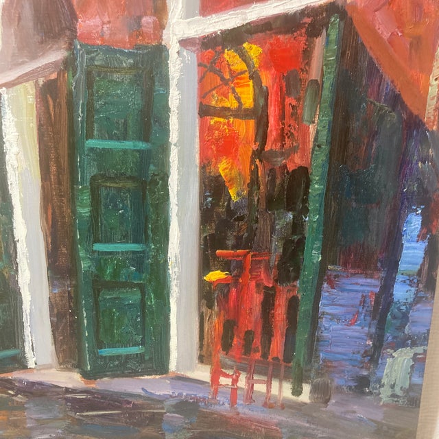 Vintage Mid-Century Signed Expressionist Architectural Courtyard Oil Painting – Heavy Impasto Large Street Scene For Sale - Image 6 of 12