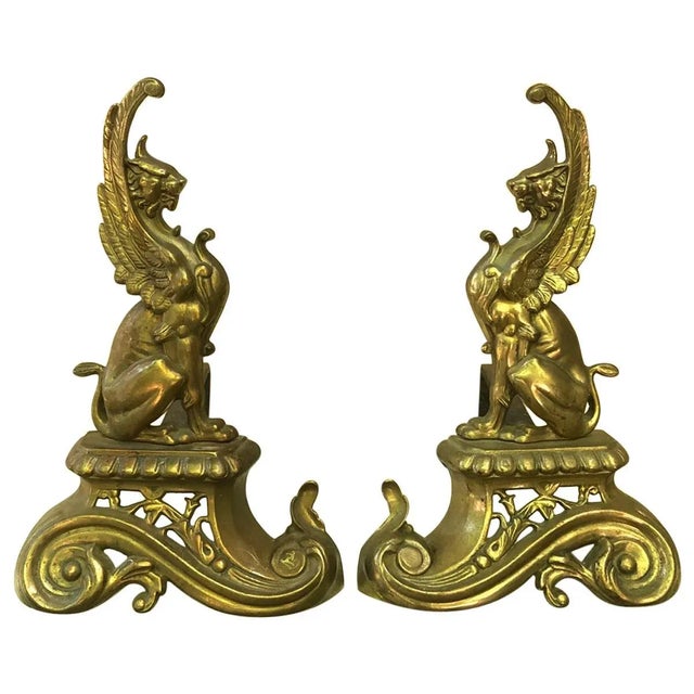 Metal Brass Andirons Sphynges, circa 1880 - a Pair For Sale - Image 7 of 7