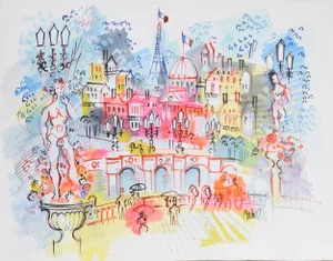 Male Sculpture with Eiffel Tower in Paris Cityscape Painting, Charles Cobelle