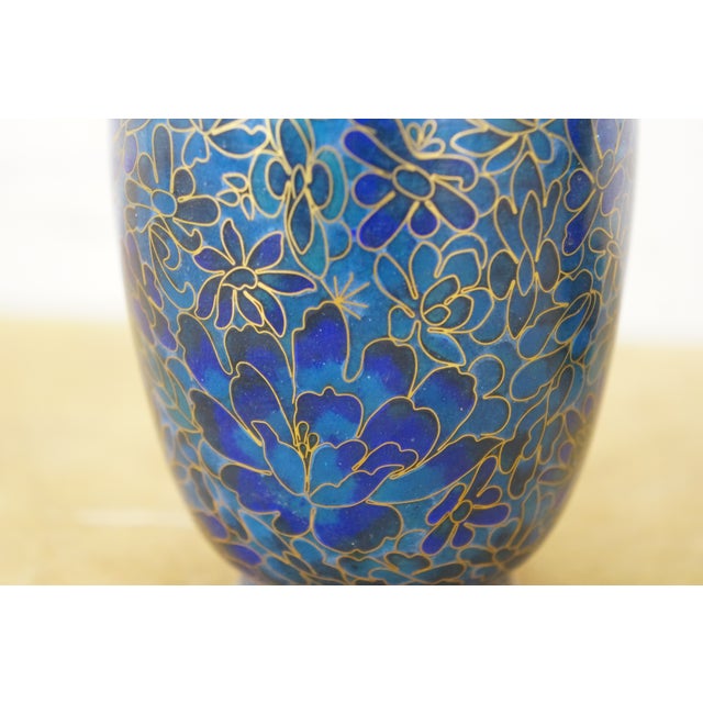 3 Chinese Brass Cloisonne Blue Enameled Floral Bud Vases & Ashtray For Sale - Image 10 of 14