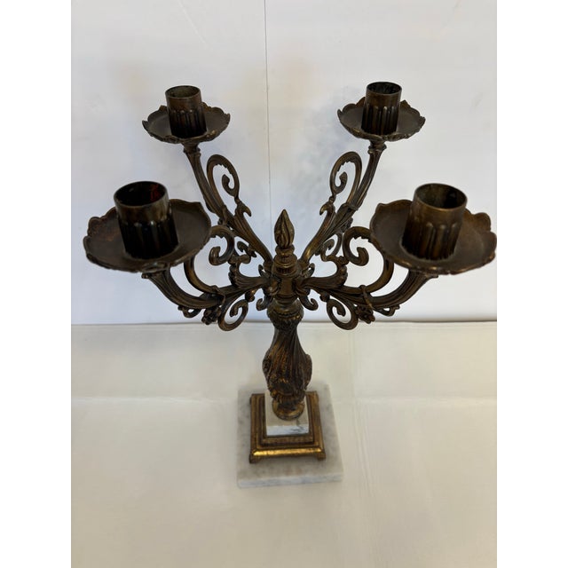 Rococo Vintage 4 Arm Brass Candelabra Mounted on Square White Marble Base For Sale - Image 3 of 5
