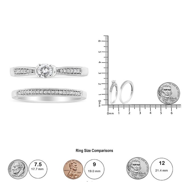 Early 21st Century .925 Sterling Silver 1/3 Cttw Diamond Classic Engagement Ring Bridal Set with Milgrain (I-J Color, I3 Clarity) - Ring - Size 9 For Sale - Image 5 of 5