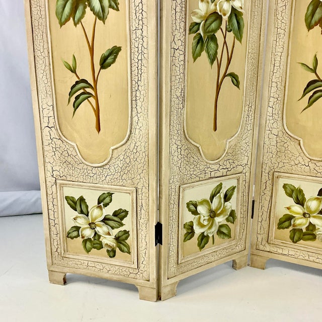 1980s Vintage Boho Chic Hollywood Regency Coastal Hand Painted Magnolia Room Divider Screen For Sale - Image 6 of 12