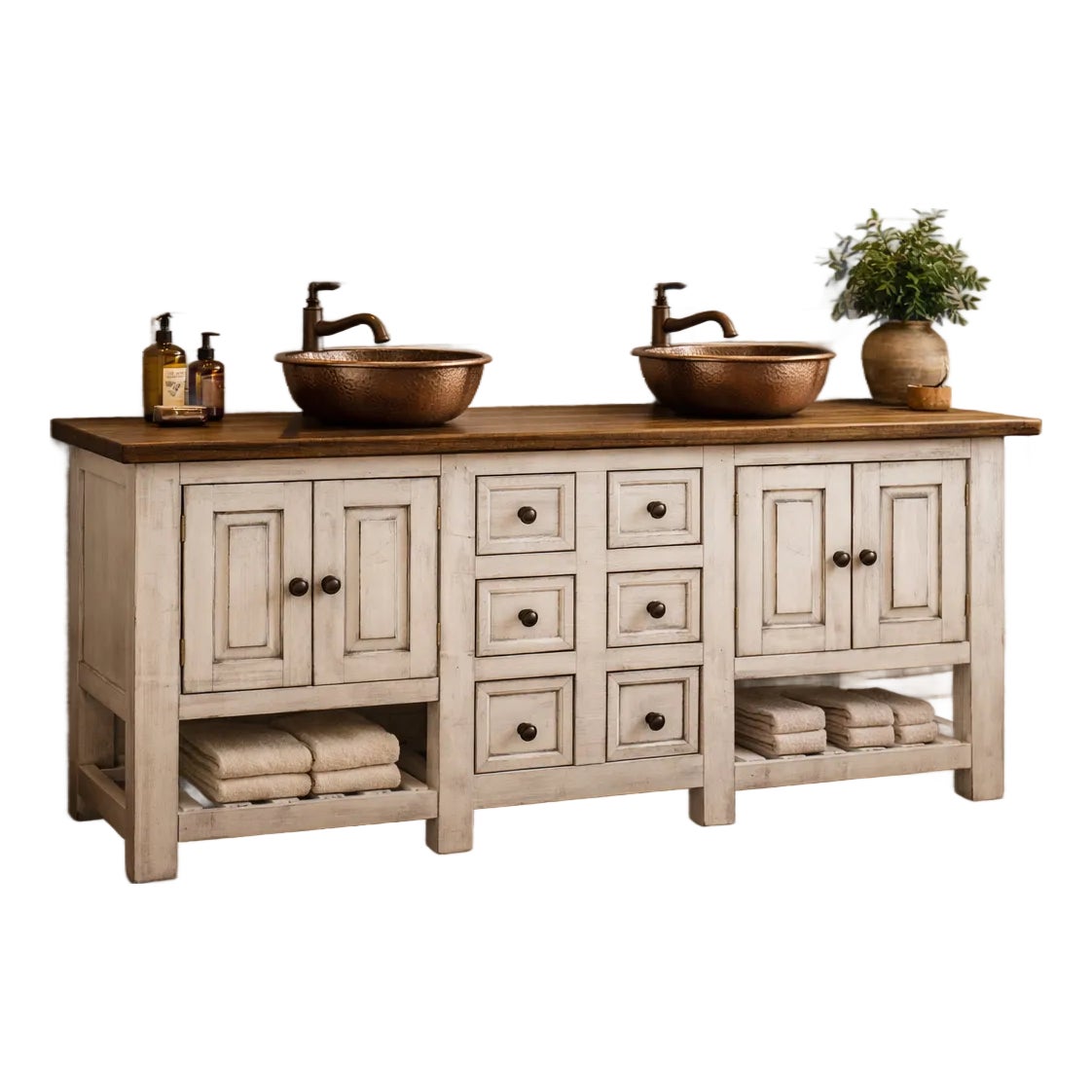 72" Rustic Farmhouse Double Sink Bathroom Vanity With Copper Vessel ...