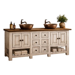 72" Rustic Farmhouse Double Sink Bathroom Vanity With Copper Vessel Sinks – Spanish Colonial Style For Sale