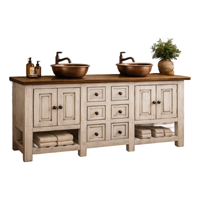 72" Rustic Farmhouse Double Sink Bathroom Vanity With Copper Vessel Sinks – Spanish Colonial Style For Sale