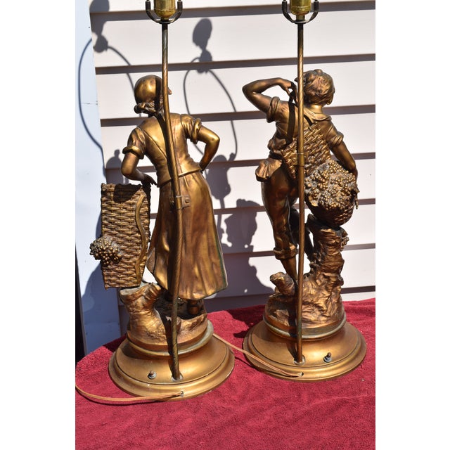 1950s Pair L&F Moreau Art Nouveau Brass Spelter Lamps For Sale - Image 11 of 11