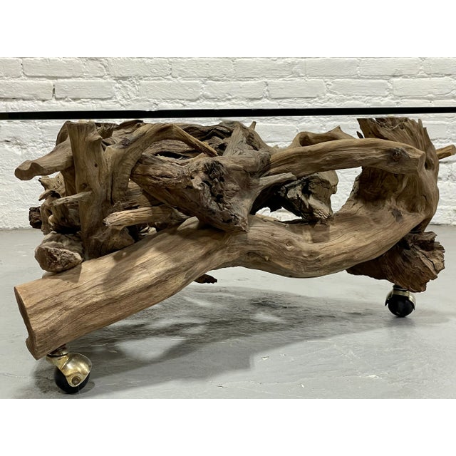 Mid Century Modern Driftwood + Glass Coffee Table | Organic Modern Cocktail Table Castors For Sale - Image 14 of 14