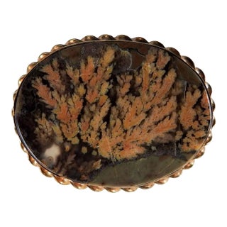 Vintage Studio Made Plume Agate and Gold Oval Brooch For Sale