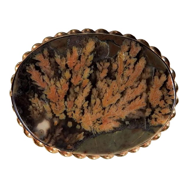 Vintage Studio Made Plume Agate and Gold Oval Brooch For Sale